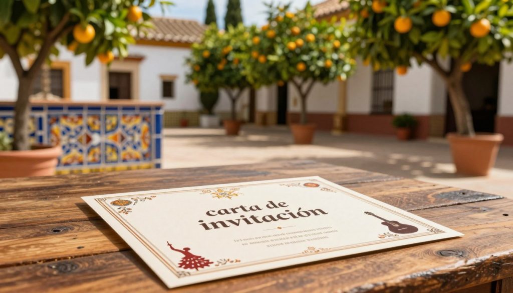 A beautifully designed "carta de invitación" resting on a rustic wooden table, showcasing a traditional Spanish backdrop. In the foreground, the elegant invitation features intricate borders and decorative motifs reflecting Spanish culture, such as flamenco dancers and guitar silhouettes. The middle ground exhibits a vibrant tile pattern commonly found in Spanish architecture, hinting at historical sites. The background reveals a soft-focus view of a sunlit Spanish courtyard, lush with orange trees and terracotta pots, evoking feelings of warmth and hospitality. Natural daylight filters through, casting gentle shadows. The image conveys a welcoming and festive atmosphere, perfect for inviting diverse visitors to experience the beauty of Spain in 2026.