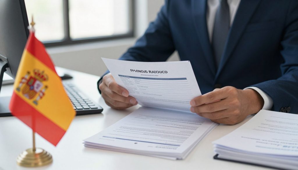 A close-up view of a professional office setting where an individual, dressed in business attire, is intently reviewing documents related to the Spanish residence permit renewal process. In the foreground, a neatly organized desk displays a Spanish flag alongside official paperwork and a residency application form. The middle ground captures the focused individual, surrounded by stacks of related documents, with a computer screen showing a status check of their application. In the background, large windows allow soft, natural light to illuminate the space, creating a calm and serious atmosphere. The mood conveys urgency and dedication, emphasizing the importance of monitoring application status to avoid denials. A close-up view of a professional office setting where an individual, dressed in business attire, is intently reviewing documents related to the Spanish residence permit renewal process. In the foreground, a neatly organized desk displays a Spanish flag alongside official paperwork and a residency application form. The middle ground captures the focused individual, surrounded by stacks of related documents, with a computer screen showing a status check of their application. In the background, large windows allow soft, natural light to illuminate the space, creating a calm and serious atmosphere. The mood conveys urgency and dedication, emphasizing the importance of monitoring application status to avoid denials.