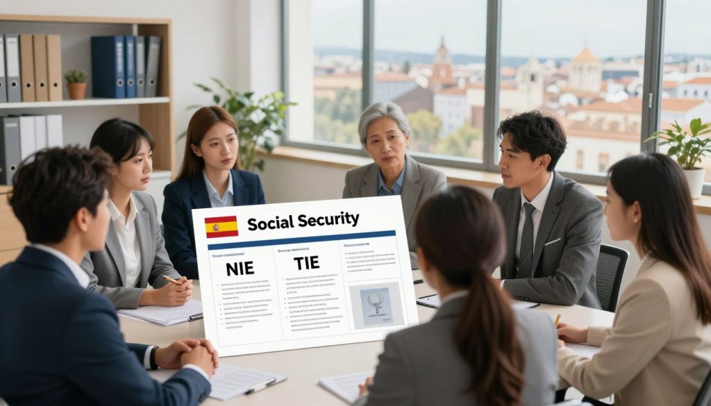 A conceptual illustration representing frequently asked questions about NIE, TIE, and Social Security. In the foreground, depict a diverse group of individuals in professional business attire, engaging in a discussion while looking at a large document or infographic featuring elements like the Spanish flag, residence permits, and forms related to immigration. In the middle ground, have a calm, organized office environment with shelves filled with books and relevant paperwork. In the background, show a large window with a view of a sunny Spanish cityscape, symbolizing hope and opportunity. Use soft natural lighting to create a welcoming atmosphere, and maintain a clear focus on the engaged expressions of the individuals, suggesting a sense of understanding and clarity about the topic.