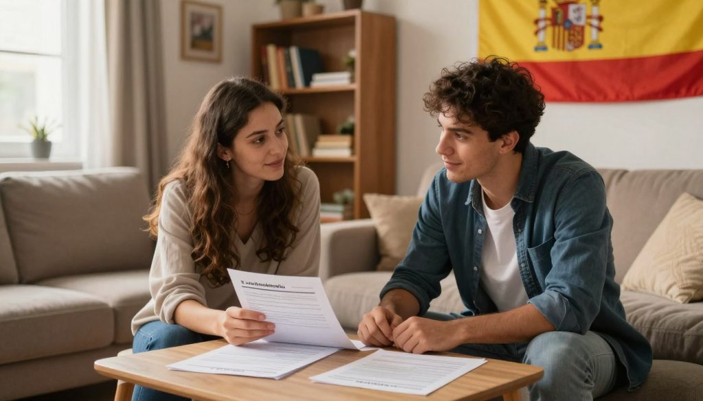 A cozy living room scene where two friends sit at a small table, discussing the process of registering for residency in Spain. They are surrounded by a warm atmosphere, with soft lighting from a nearby window, casting gentle shadows on the walls adorned with Spanish flag motifs. On the table, paperwork related to residency and documentation is spread out, symbolizing legal gatherings. In the background, shelves filled with books and personal items reflect a homey feel, emphasizing the notion of staying with friends or family. The characters, dressed in smart casual attire, display expressions of concentration and positivity, illustrating support and collaboration in navigating bureaucratic processes. The scene captures a welcoming and community-focused mood, highlighting the importance of personal connections in achieving legal residency.