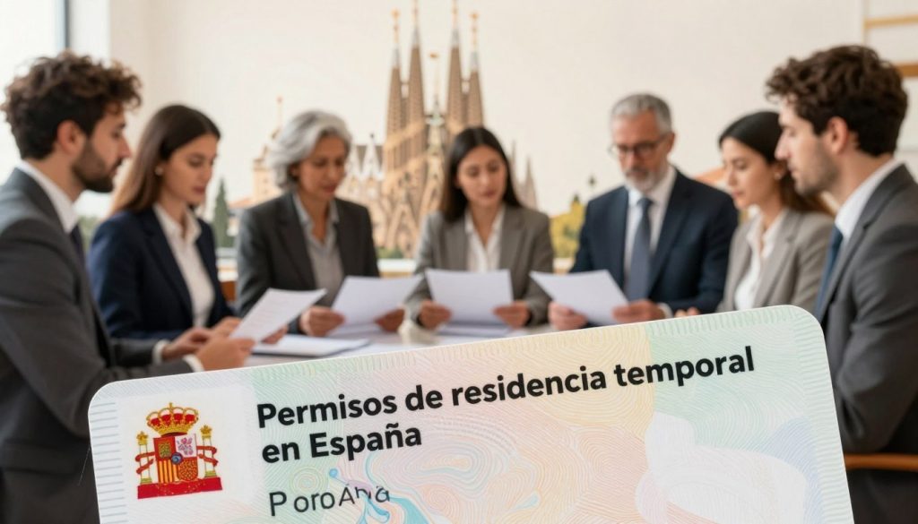 A detailed composition illustrating the concept of "Permisos de residencia temporal en España." In the foreground, display a close-up of a Spanish residence permit card, prominently showing its design elements. In the middle, incorporate a diverse group of professional individuals in business attire, engaged in conversation while reviewing documentation. They should represent various nationalities, symbolizing the multicultural aspect of Spain. In the background, feature a subtle silhouette of iconic Spanish landmarks, like the Sagrada Família and Alhambra, softly blurred to emphasize depth. Use natural daylight for warm, inviting lighting that conveys a sense of hope and opportunity. The overall mood should be optimistic and informative, aligning with the theme of residency in Spain. A detailed composition illustrating the concept of "Permisos de residencia temporal en España." In the foreground, display a close-up of a Spanish residence permit card, prominently showing its design elements. In the middle, incorporate a diverse group of professional individuals in business attire, engaged in conversation while reviewing documentation. They should represent various nationalities, symbolizing the multicultural aspect of Spain. In the background, feature a subtle silhouette of iconic Spanish landmarks, like the Sagrada Família and Alhambra, softly blurred to emphasize depth. Use natural daylight for warm, inviting lighting that conveys a sense of hope and opportunity. The overall mood should be optimistic and informative, aligning with the theme of residency in Spain.