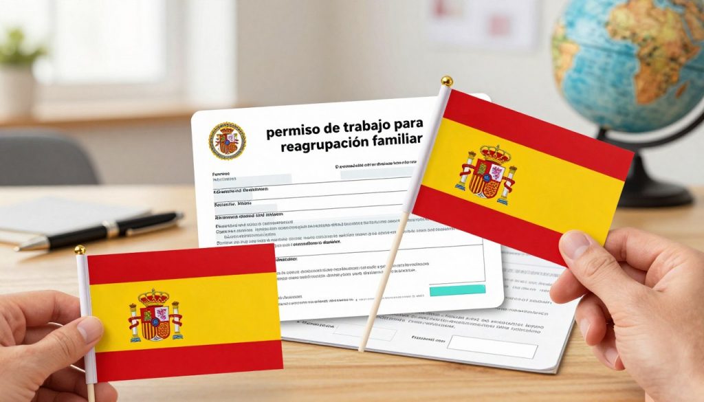 A detailed illustration of a "permiso de trabajo para reagrupación familiar" prominently featuring a Spanish residence permit. In the foreground, a hand holds the vibrant red and yellow Spanish flag. In the middle, the permit is elegantly displayed on a wooden desk alongside a pen and an open application form, suggesting the importance of proper documentation. The background includes a subtle office setting with a globe, symbolizing immigration, and a soft, warm light filtering through a window, creating an inviting atmosphere. The composition should evoke a sense of hope and opportunity, showcasing the significance of family reunification for immigrants seeking work in Spain. The overall mood is professional and optimistic, with no text, captions, or human subjects. A detailed illustration of a "permiso de trabajo para reagrupación familiar" prominently featuring a Spanish residence permit. In the foreground, a hand holds the vibrant red and yellow Spanish flag. In the middle, the permit is elegantly displayed on a wooden desk alongside a pen and an open application form, suggesting the importance of proper documentation. The background includes a subtle office setting with a globe, symbolizing immigration, and a soft, warm light filtering through a window, creating an inviting atmosphere. The composition should evoke a sense of hope and opportunity, showcasing the significance of family reunification for immigrants seeking work in Spain. The overall mood is professional and optimistic, with no text, captions, or human subjects.