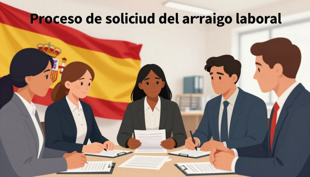 A detailed illustration representing the "Proceso de solicitud del arraigo laboral" in Spain. In the foreground, a diverse group of individuals dressed in professional business attire is gathered around a table filled with documents related to residence permits and the regularization of immigration status. In the middle ground, a Spanish flag waves gently behind them, symbolizing the national context. The background features an office environment with soft lighting, suggesting an atmosphere of hope and opportunity. The angle captures the individuals engaged in discussion, highlighting their determination and collaboration. The mood is uplifting and focused, perfectly embodying the spirit of empowerment through legal processes in Spain. A detailed illustration representing the "Proceso de solicitud del arraigo laboral" in Spain. In the foreground, a diverse group of individuals dressed in professional business attire is gathered around a table filled with documents related to residence permits and the regularization of immigration status. In the middle ground, a Spanish flag waves gently behind them, symbolizing the national context. The background features an office environment with soft lighting, suggesting an atmosphere of hope and opportunity. The angle captures the individuals engaged in discussion, highlighting their determination and collaboration. The mood is uplifting and focused, perfectly embodying the spirit of empowerment through legal processes in Spain.
