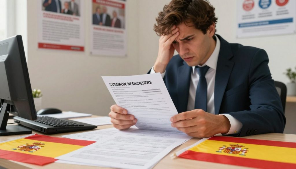 A detailed illustration showcasing common mistakes in the application for residency in Spain. In the foreground, a desk cluttered with paperwork, including a Spanish residency application and a red and yellow Spanish flag, reflects confusion. In the middle ground, a person in professional business attire, appearing frustrated, is reviewing the documents under warm, bright lighting. Behind them, a wall adorned with informational posters about residency and citizenship fades into the background, suggesting a bureaucratic setting. The atmosphere is tense yet hopeful, embodying the challenges and complexities of the immigration process. Shot from a perspective that captures the individual’s expressions and the paperwork, this image highlights the theme of common errors in residency applications.