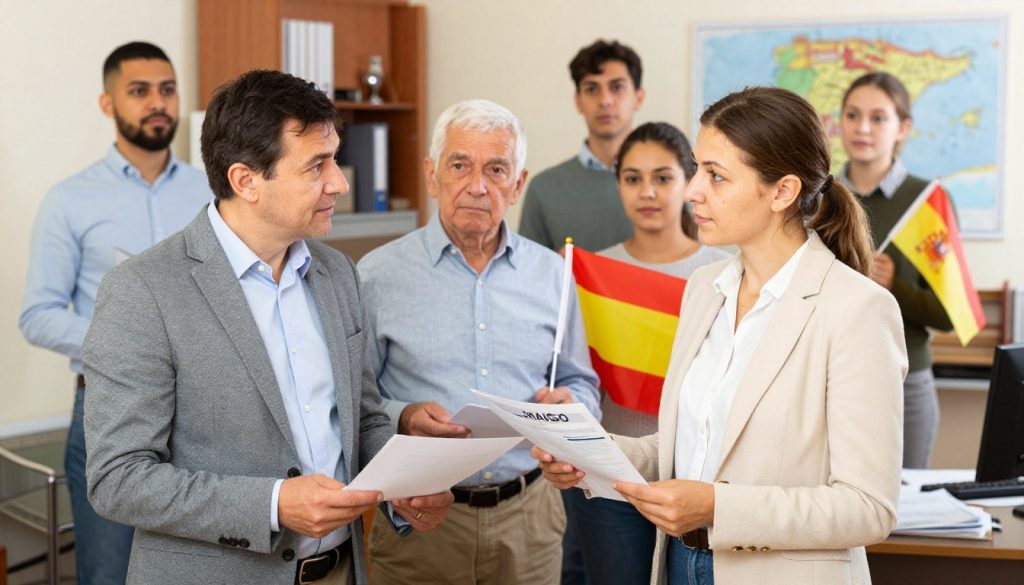 A diverse group of individuals standing together in a well-lit office setting, representing various family members eligible to request "arraigo" in Spain. In the foreground, a mother and father dressed in professional attire are discussing documents, looking at a Spanish residence permit in their hands. In the middle ground, an older adult, perhaps a grandparent, looks on attentively, wearing modest casual clothing, while a young adult child holds a Spanish flag proudly. The background features a stylish office with a map of Spain on the wall and a desk cluttered with legal papers, symbolizing regularization of documents. Soft, warm lighting creates an optimistic atmosphere, emphasizing the hope and family unity associated with the process.