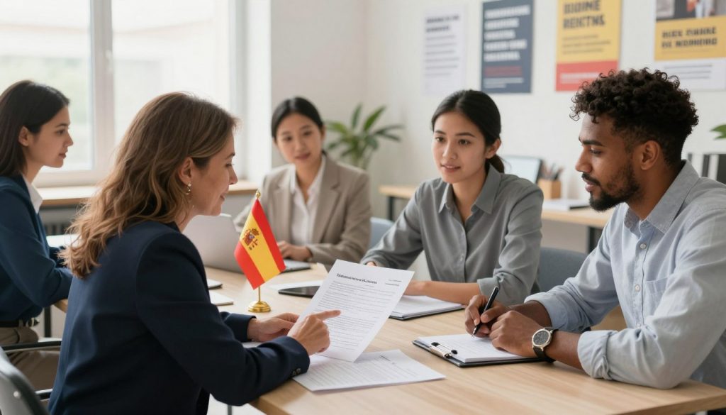 A diverse group of professionals in a bright, welcoming office environment, focused on discussing immigration legal options. In the foreground, a middle-aged Latina lawyer in a smart blazer is pointing to a document, while a young Black man in business casual attire takes notes, looking engaged. The middle features a large table with legal papers, Spanish flags, and a residence permit visible. In the background, a wall adorned with motivational posters about legal rights. Soft, natural light streams in through large windows, creating a positive and hopeful atmosphere. The camera angle captures a collaborative workspace, emphasizing professionalism and support, reflecting the theme of legal alternatives for immigrants in Spain.