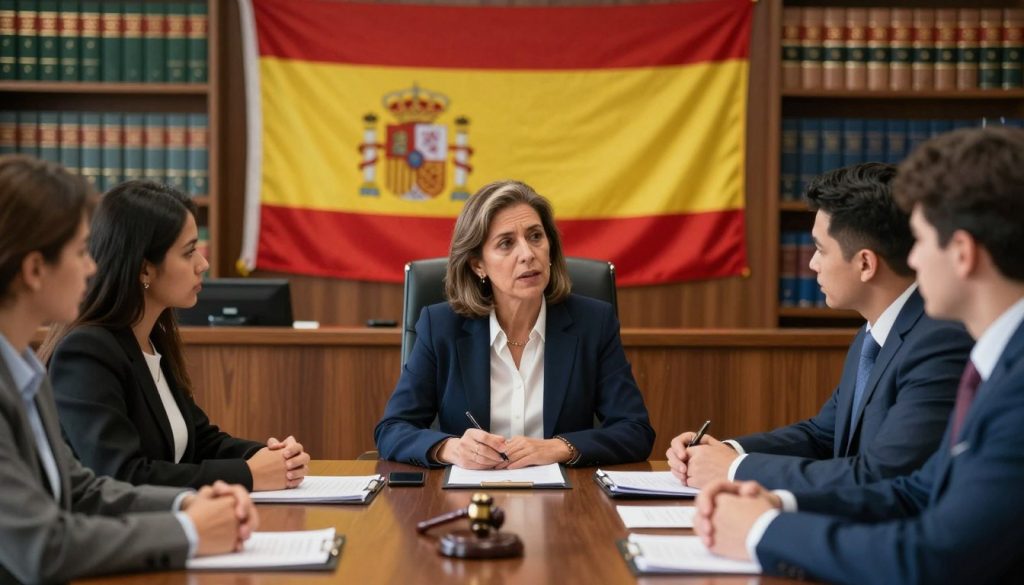 A dramatic courtroom scene focused on a legal meeting. In the foreground, a poised immigration lawyer, a middle-aged Hispanic woman in a smart business suit, discusses extradition cases with a diverse group of clients, showcasing determination and resolve. In the middle ground, a large Spanish flag is prominently displayed on the wall, symbolizing national identity and protection. The background features shelves filled with legal books, enhancing the professional atmosphere. Soft, focused lighting highlights the lawyer's empathetic expression, while a wide-angle lens captures the full intensity of the scene. The overall mood is one of hope and resilience, underscoring the concept of protection in extradition cases for immigrants in Spain. A dramatic courtroom scene focused on a legal meeting. In the foreground, a poised immigration lawyer, a middle-aged Hispanic woman in a smart business suit, discusses extradition cases with a diverse group of clients, showcasing determination and resolve. In the middle ground, a large Spanish flag is prominently displayed on the wall, symbolizing national identity and protection. The background features shelves filled with legal books, enhancing the professional atmosphere. Soft, focused lighting highlights the lawyer's empathetic expression, while a wide-angle lens captures the full intensity of the scene. The overall mood is one of hope and resilience, underscoring the concept of protection in extradition cases for immigrants in Spain.