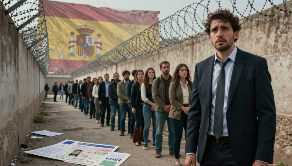 A dramatic scene depicting the consequences of failing to regularize one's status in Spain. In the foreground, a frustrated individual in professional attire stands before a large, imposing wall with barbed wire, symbolizing barriers and obstacles. Their expression reflects despair and concern. In the middle ground, a group of people wait in a long line, looking anxious and uncertain, emphasizing the struggles faced by those without proper documentation. The background features a faded Spanish flag, representing both hope and challenges, along with images of official documents like a Spanish residence permit scattered on the ground. The lighting is soft yet somber, casting shadows to enhance the mood of urgency and seriousness. The angle is slightly tilted to evoke discomfort and tension, illustrating the emotional weight of the situation. A dramatic scene depicting the consequences of failing to regularize one's status in Spain. In the foreground, a frustrated individual in professional attire stands before a large, imposing wall with barbed wire, symbolizing barriers and obstacles. Their expression reflects despair and concern. In the middle ground, a group of people wait in a long line, looking anxious and uncertain, emphasizing the struggles faced by those without proper documentation. The background features a faded Spanish flag, representing both hope and challenges, along with images of official documents like a Spanish residence permit scattered on the ground. The lighting is soft yet somber, casting shadows to enhance the mood of urgency and seriousness. The angle is slightly tilted to evoke discomfort and tension, illustrating the emotional weight of the situation.