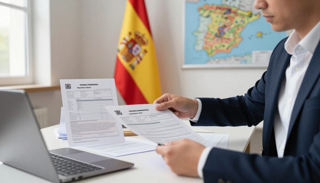 A dynamic scene depicting the process of obtaining a work visa in Spain. In the foreground, a professional individual dressed in smart business attire is reviewing documents at a desk scattered with paperwork and a laptop. In the middle ground, a Spanish flag stands proudly next to various immigration forms, including a residence permit. The background features an office environment with a wall displaying a map of Spain and infographics about visa processes. Soft, natural lighting filters through a nearby window, casting gentle shadows to create a welcoming atmosphere. The image captures a sense of determination and hope, embodying the journey of immigrants seeking legal employment in Spain.