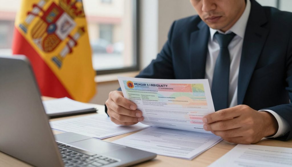 A focused office scene in Spain, highlighting the process of renewing residency permits, with a Spanish flag subtly draped in the background. In the foreground, a professional-looking person, dressed in formal business attire, is seated at a desk filled with various official documents, including a colorful Spanish residence permit. The individual is examining financial statements and requirements, showcasing concern about economic compliance. The middle ground features a softly lit window revealing a bustling street, merging the exterior life with the interior tension of document management. Use warm, natural lighting to create an atmosphere of urgency yet hope, with a slight depth of field to draw attention to the person and paperwork. The setting should evoke a sense of seriousness, underscoring the importance of meeting economic requirements for residency renewal. A focused office scene in Spain, highlighting the process of renewing residency permits, with a Spanish flag subtly draped in the background. In the foreground, a professional-looking person, dressed in formal business attire, is seated at a desk filled with various official documents, including a colorful Spanish residence permit. The individual is examining financial statements and requirements, showcasing concern about economic compliance. The middle ground features a softly lit window revealing a bustling street, merging the exterior life with the interior tension of document management. Use warm, natural lighting to create an atmosphere of urgency yet hope, with a slight depth of field to draw attention to the person and paperwork. The setting should evoke a sense of seriousness, underscoring the importance of meeting economic requirements for residency renewal.