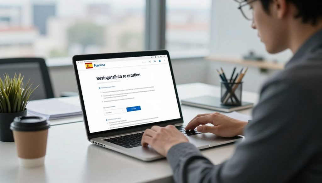 A modern digital office setting where a professional individual is sitting at a sleek desk, intently checking their laptop screen for updates on a residence permit application. The individual is dressed in smart casual attire, exuding a focused demeanor. In the foreground, a close-up view shows their hands interacting with an open webpage displaying the status of their application, with elements resembling the Spanish flag subtly integrated into the website design. The middle ground features office supplies and a coffee cup, enhancing the workspace atmosphere. The background shows a blurred cityscape through a large window, with natural light streaming in. The mood is one of anticipation and determination, capturing the essence of navigating bureaucracy in Spain.