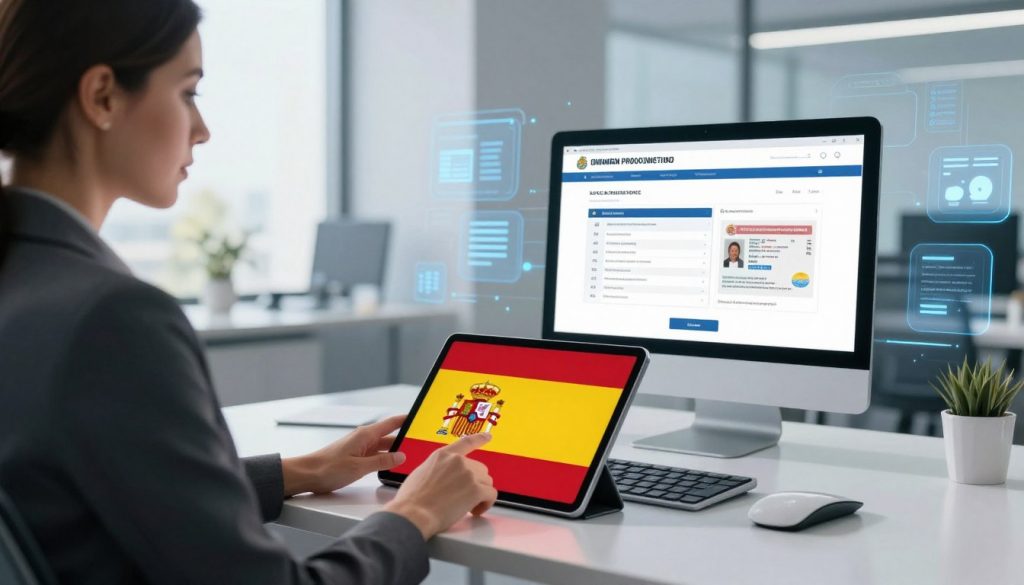 A modern office setting showcasing the digitization of immigration processes. In the foreground, a professional woman in business attire is interacting with a tablet, displaying the Spanish flag subtly on the screen. The middle ground features a sleek, futuristic desk with a computer displaying an online immigration application form and a Spanish residence permit document. The background shows abstract digital elements like floating icons symbolizing data and online services, along with soft blue and white lighting to create a calming atmosphere. A large window reveals a sunny day outside, symbolizing hope and opportunity. The overall mood is positive and forward-looking, emphasizing innovation in immigration management.