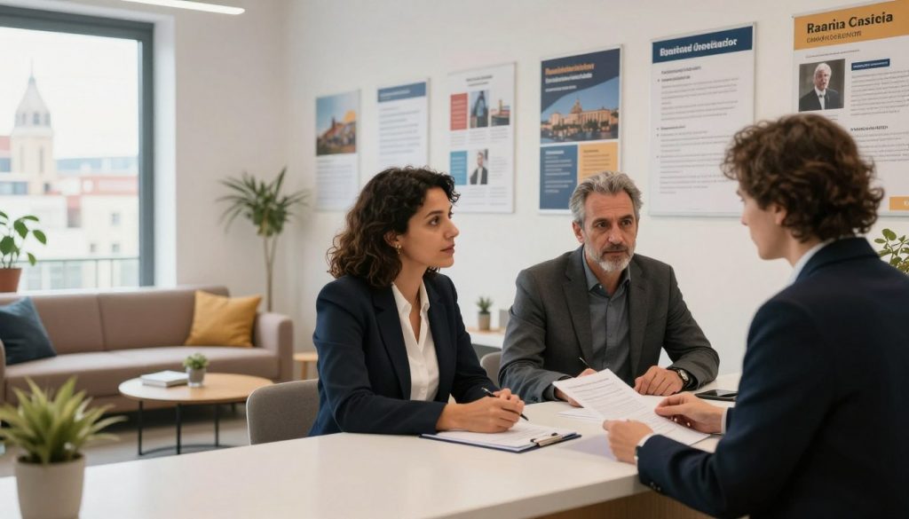 A modern office space dedicated to long-term residency applications in Spain, featuring a stylish reception area with comfortable seating and a contemporary desk. The foreground includes a well-dressed professional, a woman in business attire, consulting with a client, a middle-aged man, on important documents. In the middle ground, various brochures and informational posters about residency requirements adorn the walls. The background showcases large windows with natural light streaming in, illuminating the space, and a cityscape of Barcelona is visible outside. The atmosphere feels welcoming and informative, with a warm and professional mood. The image should be captured with a soft focus effect, highlighting the interaction between the individuals.