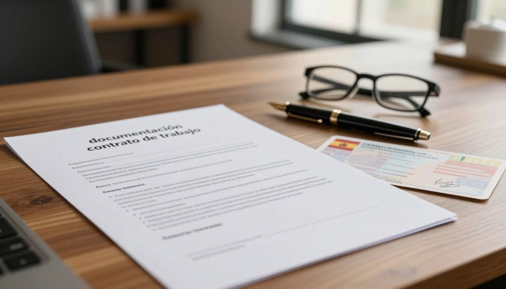 A neatly arranged image of a "documentación contrato de trabajo" laid out on an elegant wooden desk. In the foreground, focus on a printed employment contract, complete with a signature line and the Spanish flag subtly in the corner. To the side, place a Spanish residence permit partly visible, emphasizing the theme of document regularization. In the middle, include a sleek fountain pen and a pair of reading glasses to convey a professional atmosphere. The background features a soft-focus office environment with a warm, inviting light filtering through a window, casting gentle shadows. The overall mood is formal and serious, reflecting the importance of the documentation while maintaining a sense of professionalism.