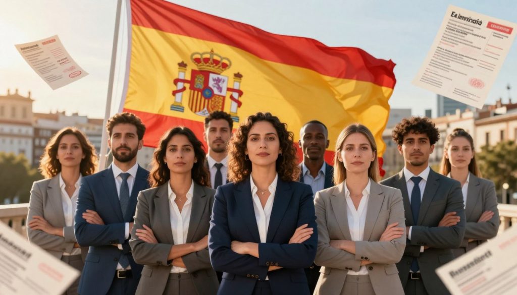 A powerful image depicting the theme of immigrant rights in Spain, focusing on the right to equality and non-discrimination. In the foreground, a diverse group of individuals representing various nationalities stands together, dressed in professional business attire, symbolizing unity and dignity. Their expressions convey hope and determination. In the middle ground, a large Spanish flag gently waves, emphasizing the context of their fight for rights. Surrounding them are soft visuals of Spanish residence permits and documents, suggesting the importance of regularization. In the background, an urban landscape of a Spanish city is visible under warm, golden sunlight, creating an optimistic atmosphere. The composition captures a sense of community and resilience, reflecting the struggle for equality and rights. A powerful image depicting the theme of immigrant rights in Spain, focusing on the right to equality and non-discrimination. In the foreground, a diverse group of individuals representing various nationalities stands together, dressed in professional business attire, symbolizing unity and dignity. Their expressions convey hope and determination. In the middle ground, a large Spanish flag gently waves, emphasizing the context of their fight for rights. Surrounding them are soft visuals of Spanish residence permits and documents, suggesting the importance of regularization. In the background, an urban landscape of a Spanish city is visible under warm, golden sunlight, creating an optimistic atmosphere. The composition captures a sense of community and resilience, reflecting the struggle for equality and rights.