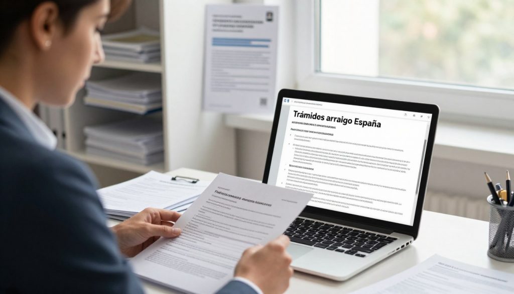 A professional and organized office setting illustrating the "Trámites arraigo España" process. In the foreground, a focused individual in business attire is reviewing paperwork at a desk with an open laptop displaying Spanish government forms. In the middle ground, shelves lined with documents and an informational poster about the arraigo process can be seen. The background features a window with natural light pouring in, casting soft shadows. The mood is one of determination and clarity, capturing the seriousness of the application process. The angle is slightly tilted to emphasize the desk activities, while ensuring a clean composition without any text, logos, or distractions.