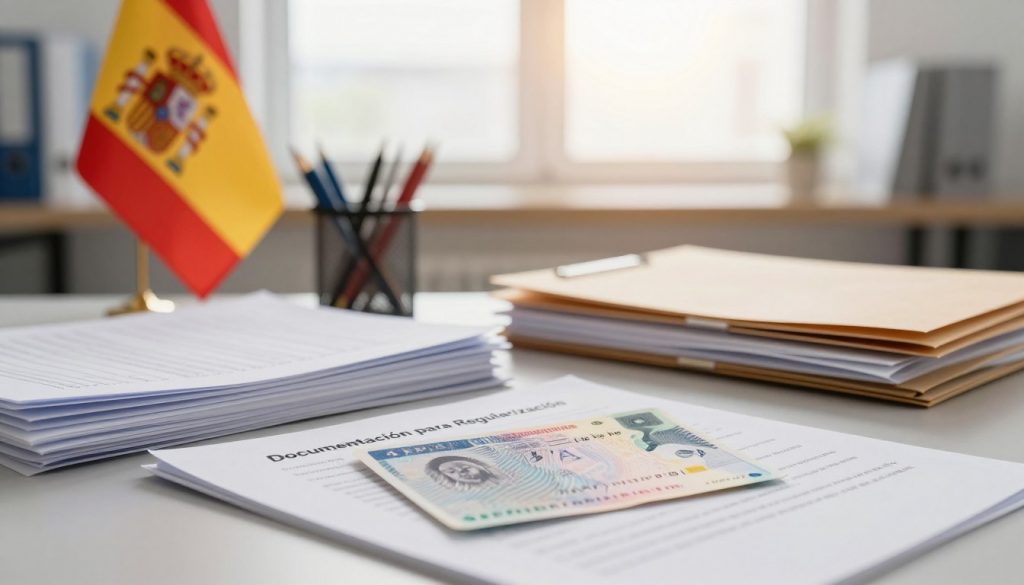 A professional office desk setting in the foreground, featuring neatly stacked documents labeled "Documentación para Regularización" alongside a Spanish flag. A close-up of a Spanish residence permit can be seen prominently on the desk, symbolizing the theme of legal status. In the middle ground, organized folders and stationery represent the bureaucratic process of regularization. The background includes soft-focus images of a bright office window, suggesting hope and progress, with gentle sunlight filtering through, creating a warm and welcoming atmosphere. The color palette is soothing, with soft touches of red and yellow reminiscent of the Spanish flag. The image captures a sense of professionalism and optimism for those navigating legal documentation processes. A professional office desk setting in the foreground, featuring neatly stacked documents labeled "Documentación para Regularización" alongside a Spanish flag. A close-up of a Spanish residence permit can be seen prominently on the desk, symbolizing the theme of legal status. In the middle ground, organized folders and stationery represent the bureaucratic process of regularization. The background includes soft-focus images of a bright office window, suggesting hope and progress, with gentle sunlight filtering through, creating a warm and welcoming atmosphere. The color palette is soothing, with soft touches of red and yellow reminiscent of the Spanish flag. The image captures a sense of professionalism and optimism for those navigating legal documentation processes.