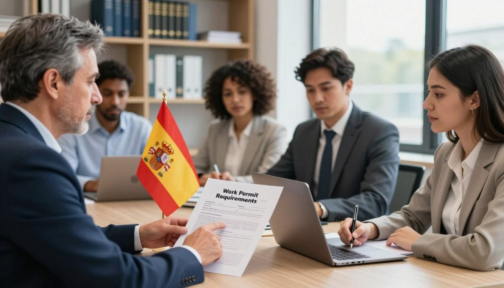 A professional office setting, featuring a diverse group of individuals engaged in a discussion about work permits in Spain. In the foreground, a middle-aged man in a suit is pointing at an open document labeled "Work Permit Requirements," while a young woman in business attire takes notes on a laptop. The middle ground shows a Spanish flag and a Spanish residence permit prominently displayed on a desk, symbolizing the topic of immigration. The background includes bookshelves filled with legal references and a large window with natural light streaming in, creating an inviting atmosphere. The scene captures a sense of collaboration and professionalism, highlighting the importance of understanding legal requirements for work permits in Spain. A professional office setting, featuring a diverse group of individuals engaged in a discussion about work permits in Spain. In the foreground, a middle-aged man in a suit is pointing at an open document labeled "Work Permit Requirements," while a young woman in business attire takes notes on a laptop. The middle ground shows a Spanish flag and a Spanish residence permit prominently displayed on a desk, symbolizing the topic of immigration. The background includes bookshelves filled with legal references and a large window with natural light streaming in, creating an inviting atmosphere. The scene captures a sense of collaboration and professionalism, highlighting the importance of understanding legal requirements for work permits in Spain.