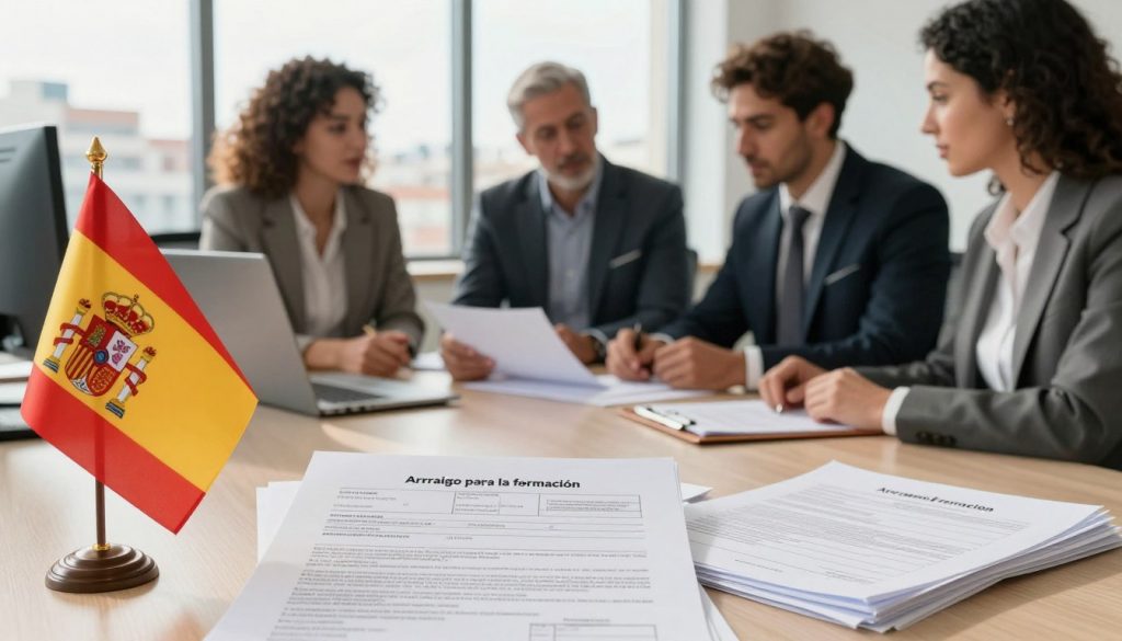 A professional office setting, focusing on legal documents and aspects of residency in Spain. In the foreground, a well-organized desk featuring a Spanish flag, a residence permit, and a stack of official forms labeled "Arraigo para la formación." The middle layer presents a diverse group of three individuals in professional attire, deeply engaged in discussion, perhaps analyzing the documents. In the background, a modern office with large windows showing a view of a cityscape, bathed in warm, natural sunlight. The overall mood is serious yet hopeful, reflecting the legal journey towards residency and education in Spain. The image should be bright and clear, capturing the essence of legal aspects related to residency without any intrusive elements like text or symbols. A professional office setting, focusing on legal documents and aspects of residency in Spain. In the foreground, a well-organized desk featuring a Spanish flag, a residence permit, and a stack of official forms labeled "Arraigo para la formación." The middle layer presents a diverse group of three individuals in professional attire, deeply engaged in discussion, perhaps analyzing the documents. In the background, a modern office with large windows showing a view of a cityscape, bathed in warm, natural sunlight. The overall mood is serious yet hopeful, reflecting the legal journey towards residency and education in Spain. The image should be bright and clear, capturing the essence of legal aspects related to residency without any intrusive elements like text or symbols.