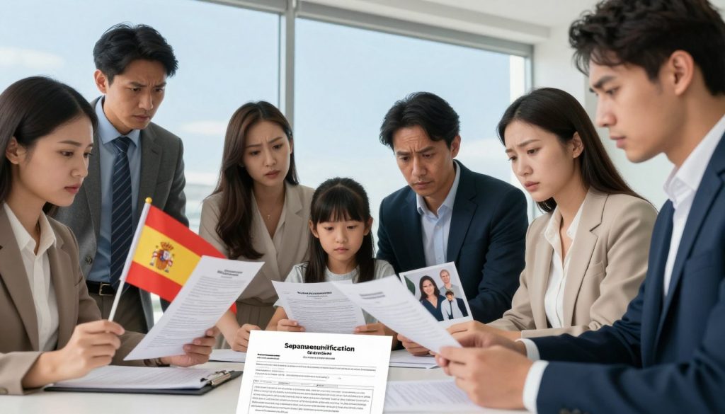 A professional office setting that illustrates common mistakes in family reunification processes. In the foreground, a diverse group of individuals in professional business attire appears concerned while reviewing documents together, some holding a Spanish flag and family photos. In the middle, a table covered with paperwork, including a Spanish residence permit and information regarding legal processes, is in view. In the background, a large window shows a clear blue sky, symbolizing hope and new beginnings. Soft, natural lighting floods the scene to create a warm and inviting atmosphere. The overall mood is focused, highlighting the importance of accuracy in legal documentation for family reunification. A professional office setting that illustrates common mistakes in family reunification processes. In the foreground, a diverse group of individuals in professional business attire appears concerned while reviewing documents together, some holding a Spanish flag and family photos. In the middle, a table covered with paperwork, including a Spanish residence permit and information regarding legal processes, is in view. In the background, a large window shows a clear blue sky, symbolizing hope and new beginnings. Soft, natural lighting floods the scene to create a warm and inviting atmosphere. The overall mood is focused, highlighting the importance of accuracy in legal documentation for family reunification.