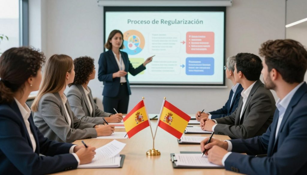 A professional, organized setting depicting the "Proceso de Regularización" in Spain. In the foreground, a diverse group of individuals in professional business attire are seated at a table discussing immigration documents, including Spanish flags and residence permits prominently displayed. In the middle ground, a facilitator gives a presentation, using a projector to display key steps in the regularization process, with vibrant visuals that highlight important information. The background features a modern office setting with soft, natural lighting coming through large windows, creating an atmosphere of hope and progress. The overall mood should be one of collaboration and determination, emphasizing the importance of support in navigating the regularization process.