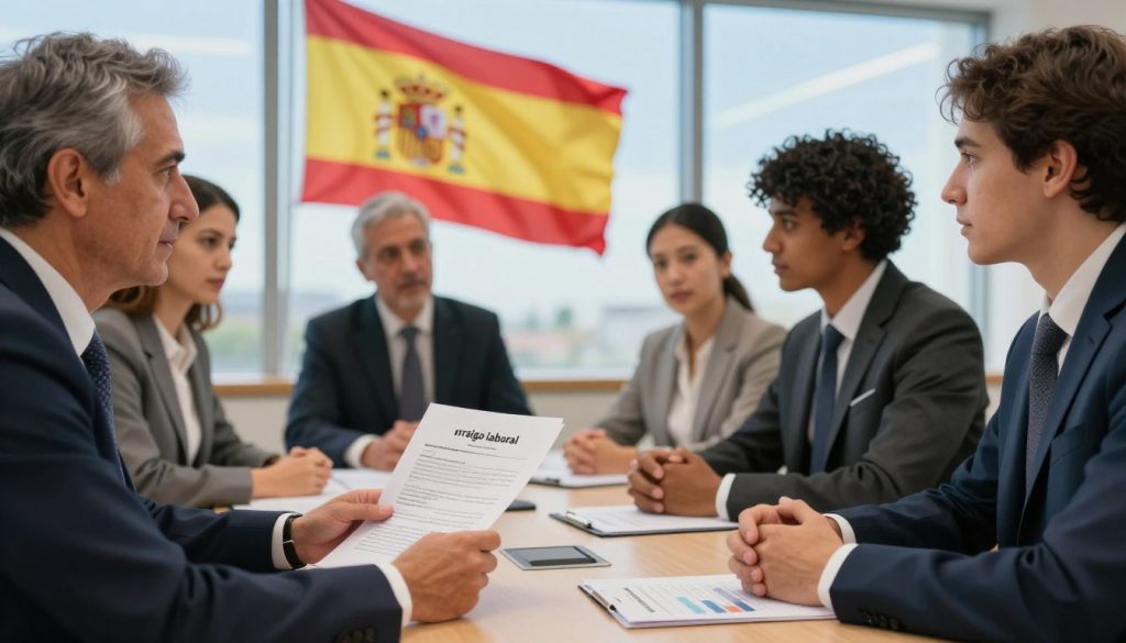 A professional setting depicting a diverse group of individuals in formal business attire gathered around a conference table, engaged in a discussion about the "arraigo laboral" process in Spain. In the foreground, a middle-aged immigrant presenting documentation related to labor rights, with charts and papers on the table. The background features a large window showcasing the Spanish flag waving against a clear blue sky, symbolizing hope and opportunities. Soft, natural lighting filters through the window, creating an optimistic and welcoming atmosphere. The camera angle captures the expressions of determination and focus on the faces, reflecting ambition and the importance of successful document regularization. The scene conveys a sense of professionalism and support in navigating the complexities of employment in Spain. A professional setting depicting a diverse group of individuals in formal business attire gathered around a conference table, engaged in a discussion about the "arraigo laboral" process in Spain. In the foreground, a middle-aged immigrant presenting documentation related to labor rights, with charts and papers on the table. The background features a large window showcasing the Spanish flag waving against a clear blue sky, symbolizing hope and opportunities. Soft, natural lighting filters through the window, creating an optimistic and welcoming atmosphere. The camera angle captures the expressions of determination and focus on the faces, reflecting ambition and the importance of successful document regularization. The scene conveys a sense of professionalism and support in navigating the complexities of employment in Spain.