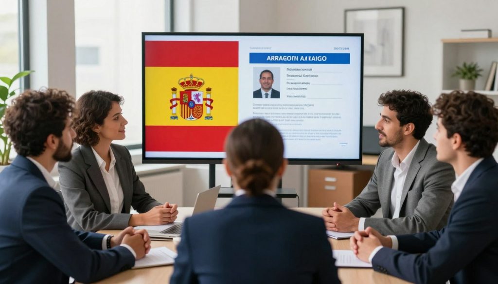 A professional setting depicting a diverse group of individuals representing the themes of rights and obligations for those under the arraigo process in Spain. In the foreground, diverse people of various ethnic backgrounds are engaged in discussion, dressed in smart business attire, symbolizing unity and collaboration. The middle ground features a large digital screen displaying the Spanish flag and a residence permit, highlighting the theme of regularization of documents. The background shows a cozy office space with large windows letting in natural light, creating a warm and inviting atmosphere. The overall mood is optimistic and focused, emphasizing themes of community support and legal empowerment. The lighting is bright and clear, with a slight soft focus for a professional appearance. A professional setting depicting a diverse group of individuals representing the themes of rights and obligations for those under the arraigo process in Spain. In the foreground, diverse people of various ethnic backgrounds are engaged in discussion, dressed in smart business attire, symbolizing unity and collaboration. The middle ground features a large digital screen displaying the Spanish flag and a residence permit, highlighting the theme of regularization of documents. The background shows a cozy office space with large windows letting in natural light, creating a warm and inviting atmosphere. The overall mood is optimistic and focused, emphasizing themes of community support and legal empowerment. The lighting is bright and clear, with a slight soft focus for a professional appearance.