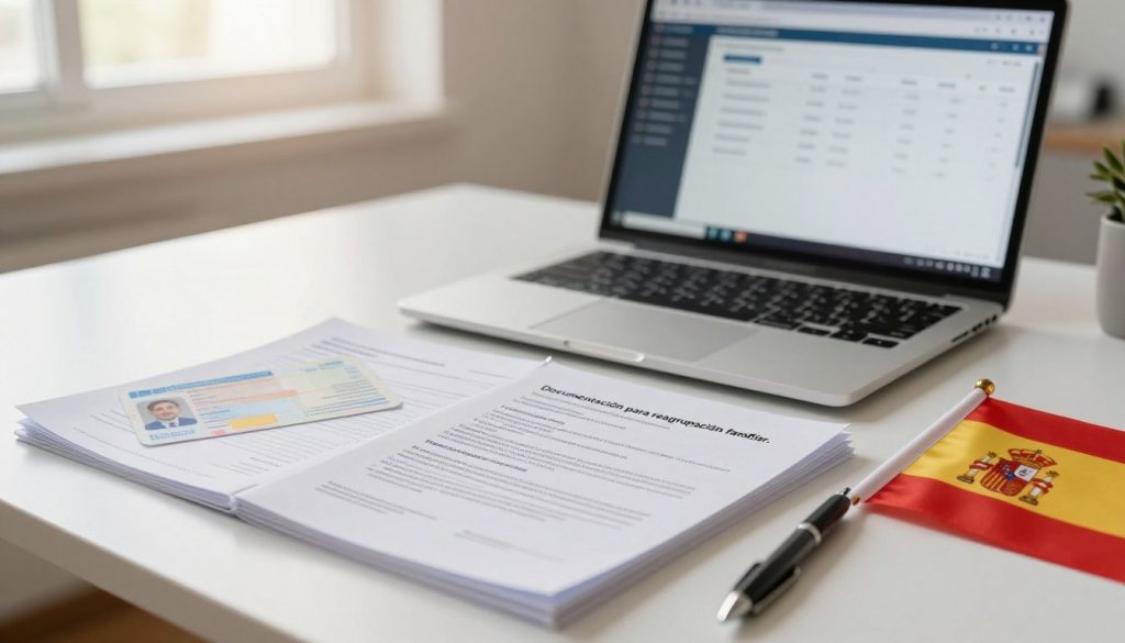 A professional workspace featuring a neatly arranged desk displaying "Documentación para reagrupación familiar." In the foreground, focus on a stack of essential documents, including a Spanish residence permit and legal forms, partially opened to show important details. Surrounding the documents are a polished pen and a small Spanish flag, adding a cultural touch. In the middle ground, a laptop is open, showing a well-organized screen with digital files related to family reunification. In the background, a soft-focus view of a window with natural light streaming in, creating a warm and inviting atmosphere. The entire scene is bathed in soft, diffused lighting, evoking a sense of professionalism and hope for family reunification. A professional workspace featuring a neatly arranged desk displaying "Documentación para reagrupación familiar." In the foreground, focus on a stack of essential documents, including a Spanish residence permit and legal forms, partially opened to show important details. Surrounding the documents are a polished pen and a small Spanish flag, adding a cultural touch. In the middle ground, a laptop is open, showing a well-organized screen with digital files related to family reunification. In the background, a soft-focus view of a window with natural light streaming in, creating a warm and inviting atmosphere. The entire scene is bathed in soft, diffused lighting, evoking a sense of professionalism and hope for family reunification.