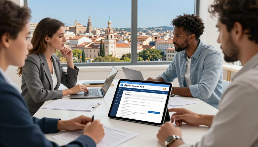 A professional workspace scene focused on the concept of renewing a digital nomad visa in Spain. Foreground features a diverse group of three professionals, including a woman in smart business attire, a man in casual yet polished clothing, and a person with a laptop, all engaged in a discussion. The middle layer showcases a large, well-organized desk with paperwork, a laptop, and a digital tablet with visa application details displayed. In the background, a bright window offers a panoramic view of a vibrant Spanish cityscape, with iconic architecture under clear blue skies, suggesting an inviting atmosphere. Soft, natural lighting enhances the professionalism of the scene, creating a mood of collaboration and opportunity. The angle should be slightly elevated to capture all elements harmoniously, emphasizing the focus on the visa renewal process.