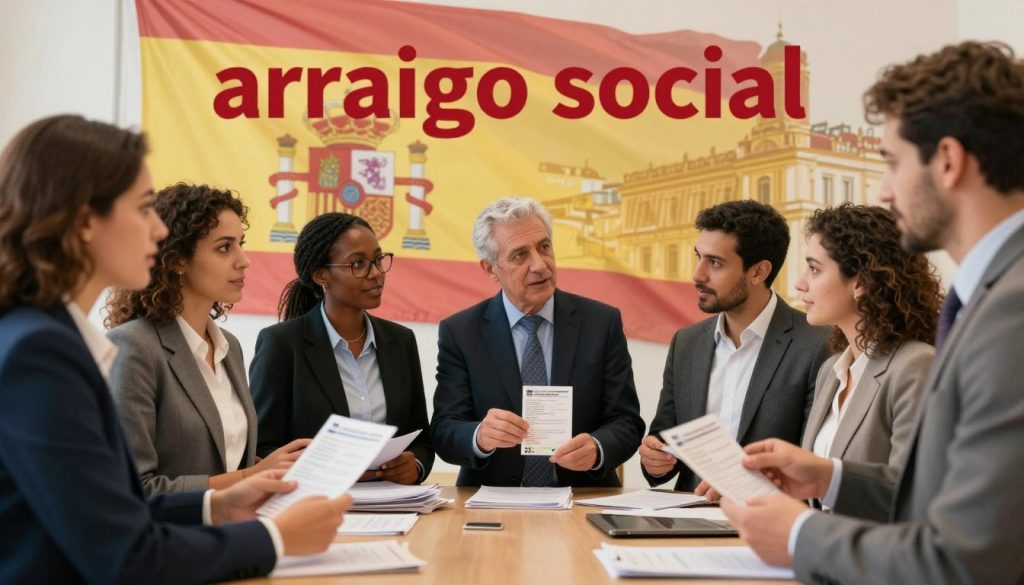 A symbolic representation of "arraigo social" in Spain, featuring a diverse group of individuals representing different backgrounds and cultures, standing together in a professional setting. In the foreground, they are dressed in smart business attire, engaging in an animated discussion while holding Spanish residency permits. The middle ground showcases iconic elements of Spain, such as a subtle depiction of the Spanish flag waving in the background, alongside stacks of documents symbolizing the regularization process. The background consists of a soft-focus urban landscape, highlighting Spanish architecture. The scene is illuminated by warm, inviting lighting, creating an atmosphere of hope and unity. The composition should be framed from a slightly elevated angle to capture the camaraderie and meaningful interactions among the individuals, showcasing the essence of community and integration. A symbolic representation of "arraigo social" in Spain, featuring a diverse group of individuals representing different backgrounds and cultures, standing together in a professional setting. In the foreground, they are dressed in smart business attire, engaging in an animated discussion while holding Spanish residency permits. The middle ground showcases iconic elements of Spain, such as a subtle depiction of the Spanish flag waving in the background, alongside stacks of documents symbolizing the regularization process. The background consists of a soft-focus urban landscape, highlighting Spanish architecture. The scene is illuminated by warm, inviting lighting, creating an atmosphere of hope and unity. The composition should be framed from a slightly elevated angle to capture the camaraderie and meaningful interactions among the individuals, showcasing the essence of community and integration.