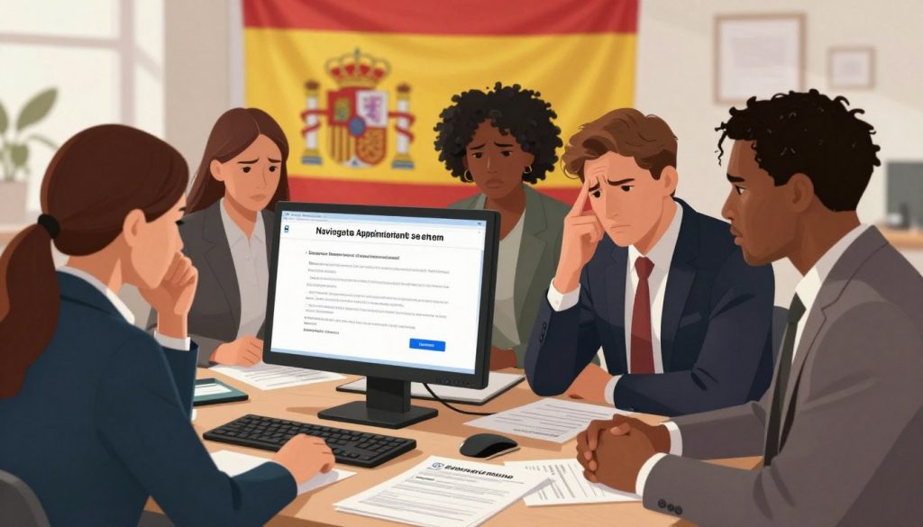 A vibrant and detailed illustration depicting the complexities of navigating the appointment system for immigration services in Spain. In the foreground, a diverse group of individuals, dressed in professional business attire, express frustration while looking at a computer screen displaying a deadlock message. The middle ground features a cluttered desk with paperwork, including Spanish residence permits and official documents, symbolizing the process of regularizing their status. The background showcases a faint silhouette of the Spanish flag to emphasize the setting. Soft natural lighting creates a somber yet hopeful atmosphere, capturing the emotional tension of dealing with bureaucratic hurdles while hinting at the possibility of resolution. The angle is slightly low, empowering the subjects while portraying their struggles.