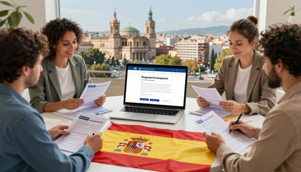 A vibrant and informative scene demonstrating resources available for immigrants in Spain. In the foreground, a diverse group of individuals, all dressed in professional casual attire, engage with informational brochures and a Spanish flag symbolizing national unity. The middle ground features an open laptop displaying a digital platform for legal assistance and document regularization, alongside helpful pamphlets about residency permits. In the background, a tranquil Spanish cityscape, showcasing iconic architecture, creates a sense of community and belonging. Soft, natural lighting illuminates the scene, casting gentle shadows. The atmosphere is hopeful and supportive, reflecting the resources and assistance offered to newcomers in Spain.