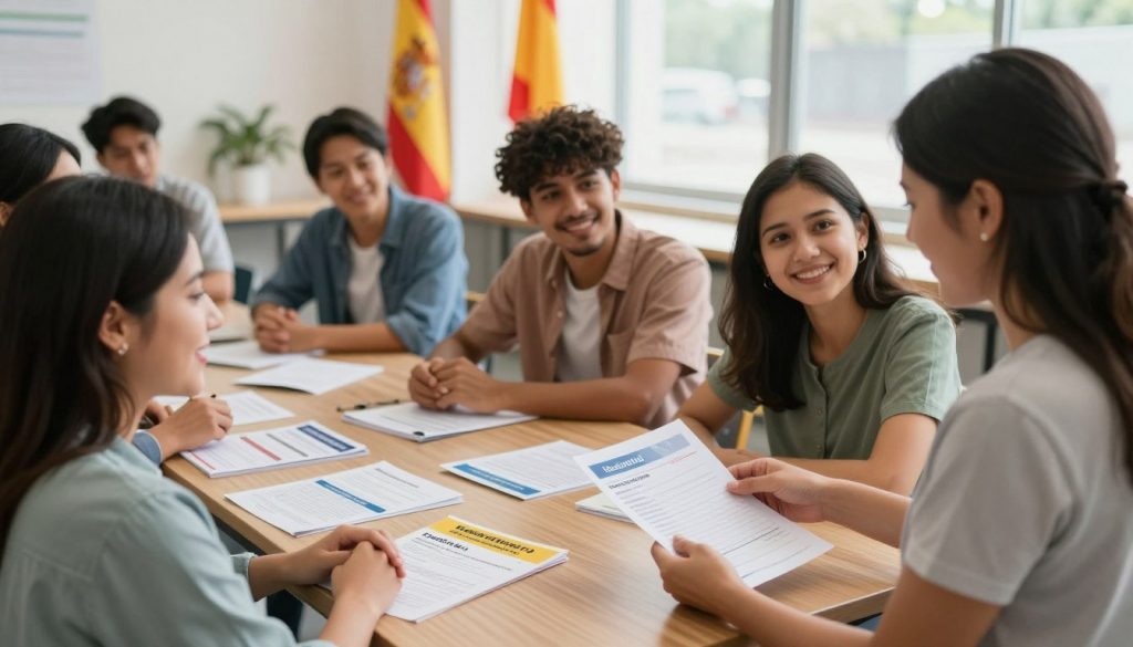 A vibrant and welcoming scene set in a community center focused on immigration support. In the foreground, a diverse group of individuals—men and women from various ethnic backgrounds—are engaging warmly with a staff member who is providing assistance, showcasing a Spanish residence permit and documents related to immigration. In the middle ground, tables are filled with informational brochures about resources, legal aid, and integration programs, adorned with the Spanish flag gently waving in the background. Soft, natural lighting filters in through large windows, creating an optimistic and inclusive atmosphere. The composition is shot from a slightly elevated angle, emphasizing the interaction and sense of community among the participants while avoiding any distractions or text elements.