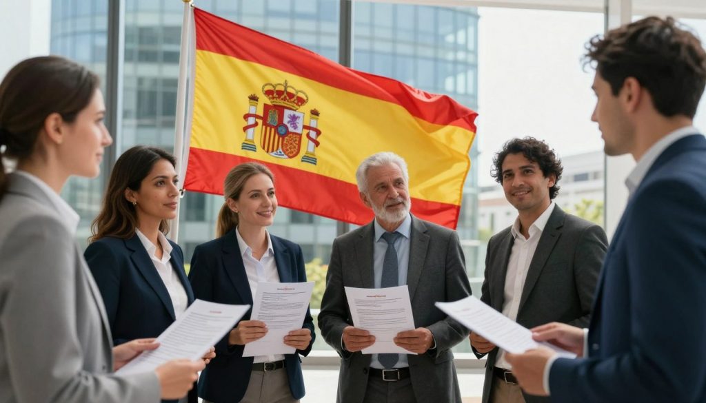 A vibrant scene illustrating labor rights in Spain. In the foreground, a diverse group of professionals in business attire engage in a conversation, showcasing unity and collaboration. They hold documents representing Spanish residence permits and regulation papers. The middle ground features the Spanish flag waving gently, symbolizing national identity and support for immigrant rights. The background displays a modern office building, conveying a professional environment. Soft, natural lighting filters through large windows, creating an inviting atmosphere. The composition exudes a sense of optimism and empowerment, emphasizing the importance of legal work and rights for immigrants in Spain. The angle captures both the people and the flag, reinforcing the theme of connection and progress.