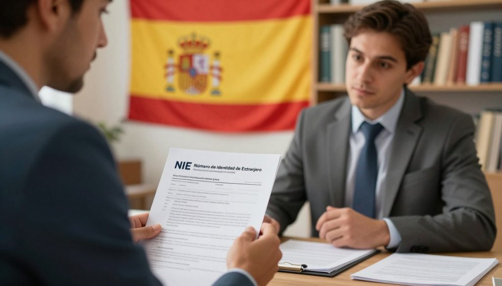 A visually engaging scene depicting the importance of the NIE (Número de Identidad de Extranjero) in accessing social security in Spain. In the foreground, a professional immigrant in modest business attire consults a legal advisor at a desk covered with official documents, including copies of the NIE and Spanish residence permit. In the middle, a large flag of Spain subtly hangs on the wall, reinforcing the local context. The background features a softly lit office environment with shelves filled with books about immigration and legal rights, creating an atmosphere of support and guidance. Use warm, inviting lighting to convey hope and assurance. The angle should be slightly tilted to create depth, focusing on the interaction between the immigrant and the advisor, emphasizing the narrative of navigating bureaucracy.