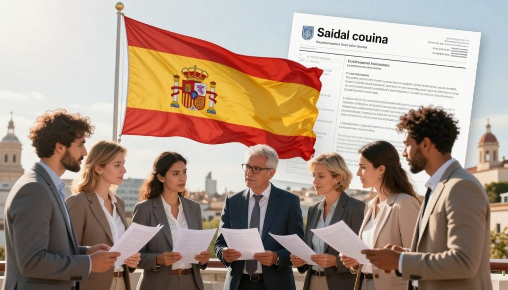 A visually striking illustration depicting the concept of avoiding illegal labor in Spain. In the foreground, a diverse group of individuals in professional business attire and modest casual clothing are engaged in a discussion, looking at documents that represent legal employment opportunities. The middle ground features a Spanish flag gently waving, symbolizing national identity and hope. The background includes an abstract representation of legal documents, like a residence permit and paperwork for regularization, blending seamlessly with a skyline of a Spanish city, evoking a sense of aspiration. Soft, natural lighting casts a warm glow over the scene, creating a hopeful and positive atmosphere. The angle captures the group's determination and unity while focusing on their forward-looking perspectives.