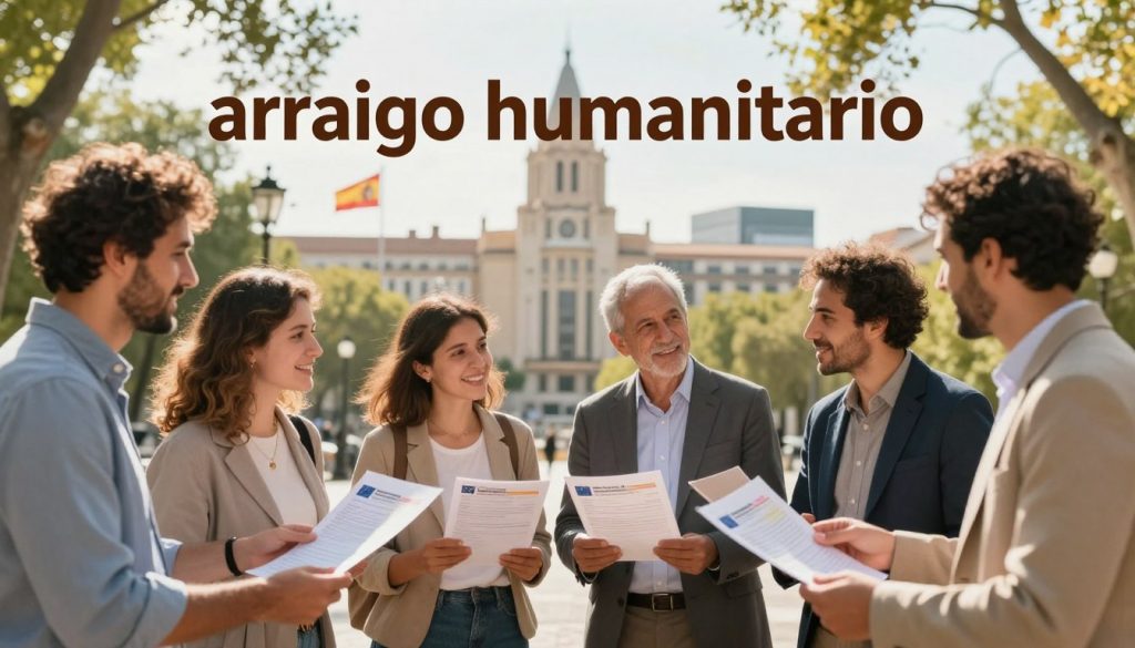 A visually striking image depicting the concept of "arraigo humanitario" in relation to family reunification in Spain. In the foreground, a group of diverse individuals, including a family and professionals, engage in a friendly discussion while holding documents and Spanish residency permits, dressed in professional business attire and modest casual clothing. In the middle, a subtle backdrop of a modern Spanish cityscape with architectural elements inspired by Spanish culture, such as a glimpse of the Spanish flag fluttering in the wind. The background features soft, warm sunlight filtering through the trees in a nearby park, creating an inviting and hopeful atmosphere. The composition should have a slight angle to emphasize the connection between the subjects and the environment, evoking a sense of community and opportunity.