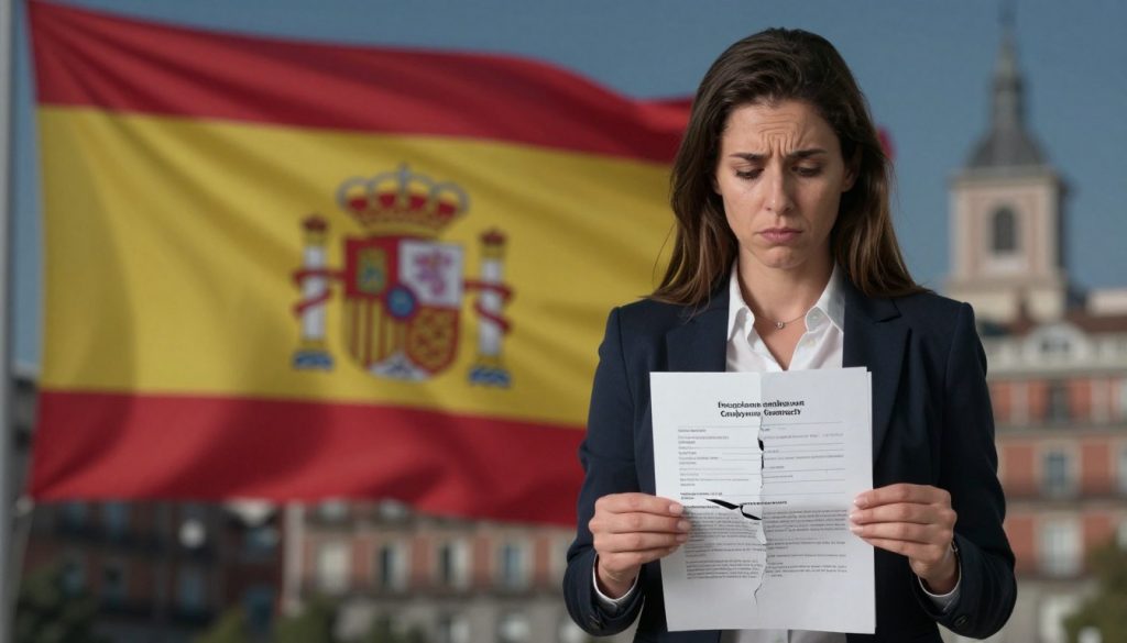 A visually striking scene illustrating the consequences of an irregular employment contract in Spain. In the foreground, a distressed professional woman in business attire stands holding a broken contract, her expression filled with concern, symbolizing uncertainty and financial instability. In the middle ground, a blurred image of a Spanish flag, subtly indicating the context of the issue, with a residence permit form partially visible. The background features a cityscape of Madrid to establish location, with dim lighting suggesting a serious tone. The overall atmosphere conveys a sense of urgency and caution regarding legal and employment matters. Use a shallow depth of field to focus on the woman, with soft light highlighting her facial expression, creating an impactful visual narrative.