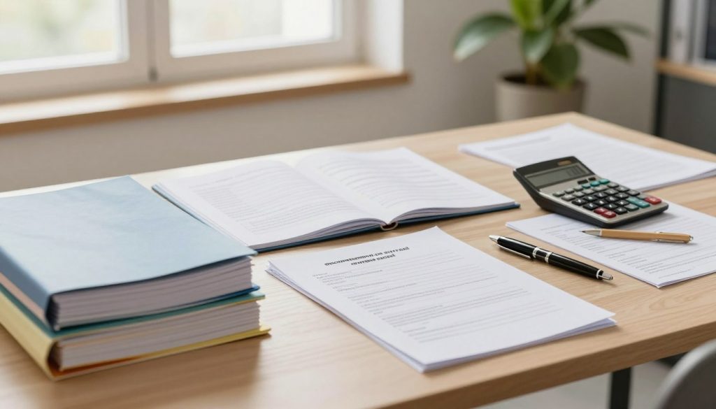A well-organized office desk scene showcasing various documents related to "documentación para el arraigo social" in Spain. In the foreground, there are stacks of colorful files with labels indicating important forms and requirements. In the middle, a neatly arranged open folder reveals a detailed application form surrounded by pens and a calculator, suggesting a focus on organization and preparedness. The background features a window with soft, natural light illuminating the space, creating a warm atmosphere. A potted plant adds a touch of greenery, enhancing the professional yet inviting feel of the scene. Capture the essence of legal and administrative work with a focus on clarity and accessibility, ensuring a clean and minimalist aesthetic without any text or distractions.