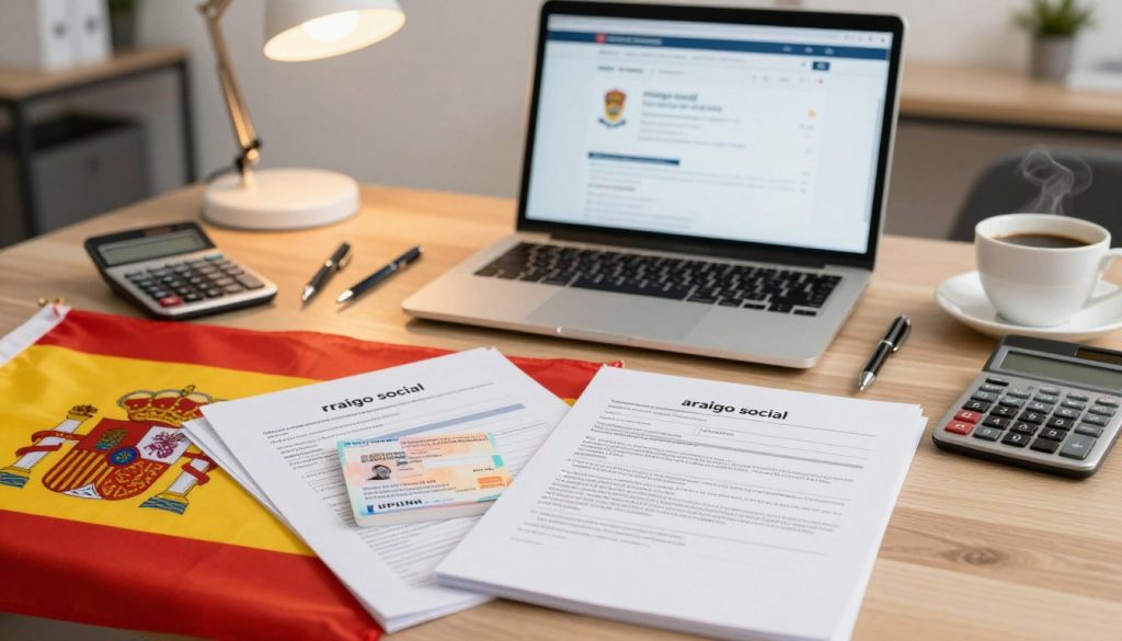 A well-organized workspace featuring essential documentation for "arraigo social" in Spain. In the foreground, a stack of important papers neatly arranged, including a Spanish residence permit and application forms, with the Spanish flag subtly draped beside them. The middle ground should show a laptop open to relevant government websites, surrounded by pens, a calculator, and a cup of coffee, reflecting a professional atmosphere. In the background, an office setting with soft, warm lighting from a desk lamp, creating a focused and inviting mood. The scene captures a sense of diligence and determination, emphasizing the importance of gathering necessary documents for residency in Spain, without any human subjects present.
