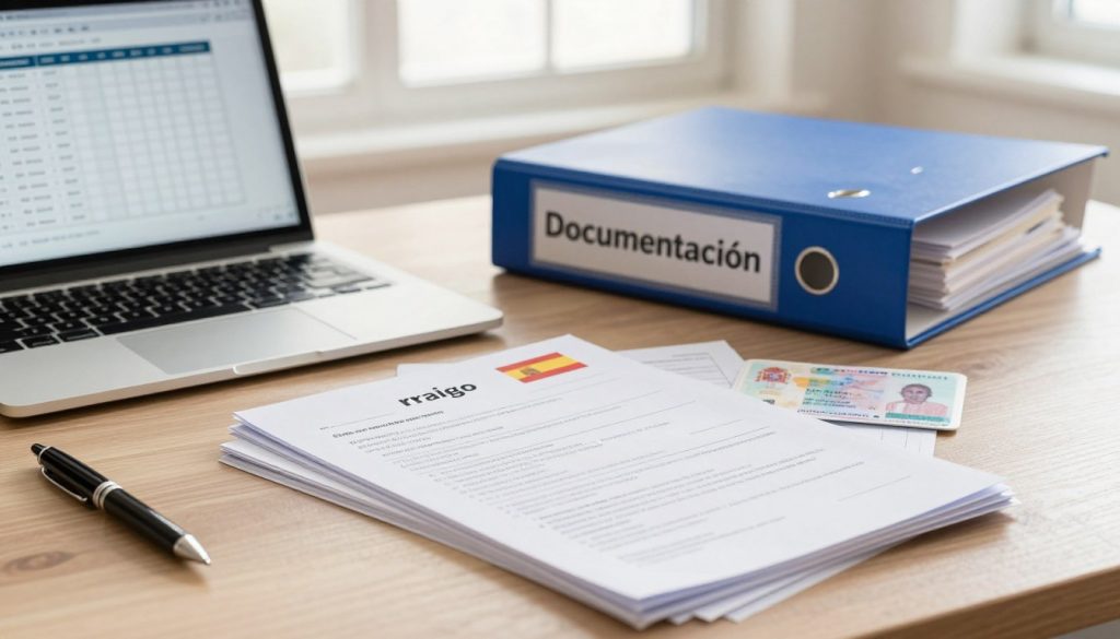 An organized desk scene depicting essential documents for "arraigo" in Spain. In the foreground, a neatly stacked pile of paperwork including a Spanish residence permit, application forms, and official IDs, all featuring the subtle colors of the Spanish flag. To the left, a laptop is open, displaying a digital checklist of required documentation, with a stylish pen lying next to it. The middle ground shows a well-organized binder labeled "Documentación" with tabs, hinting at the importance of the process. The background features soft natural lighting coming through a window, creating a warm and professional atmosphere. The overall mood should evoke a sense of diligence and hope, ideal for those preparing for their future in Spain. An organized desk scene depicting essential documents for "arraigo" in Spain. In the foreground, a neatly stacked pile of paperwork including a Spanish residence permit, application forms, and official IDs, all featuring the subtle colors of the Spanish flag. To the left, a laptop is open, displaying a digital checklist of required documentation, with a stylish pen lying next to it. The middle ground shows a well-organized binder labeled "Documentación" with tabs, hinting at the importance of the process. The background features soft natural lighting coming through a window, creating a warm and professional atmosphere. The overall mood should evoke a sense of diligence and hope, ideal for those preparing for their future in Spain.