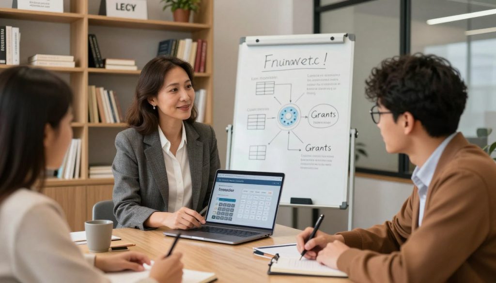 A bright and modern office setting, showcasing a diverse group of entrepreneurs discussing financing options for their small businesses. In the foreground, a middle-aged woman in professional attire holds a laptop, demonstrating a loan calculator to a young man wearing glasses, who is jotting down notes. The middle area features a whiteboard filled with diagrams of financing alternatives like loans, crowdfunding, and grants. In the background, shelves filled with books and inspirational quotes create a motivating atmosphere. The lighting is soft and warm, suggesting a collaborative and encouraging environment. The angle is slightly elevated, capturing the dynamic interaction and focus among the entrepreneurs. The overall mood is optimistic and focused on entrepreneurship and growth.