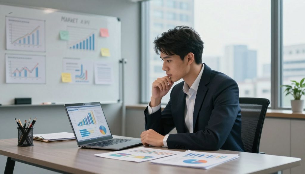 A business analyst in professional attire is seated at a sleek modern desk, reviewing market research data presented on a laptop and colorful charts spread across the surface. In the background, there's a large window with a panoramic city view, allowing natural light to illuminate the workspace. To the left, a whiteboard filled with market trends and competitive analysis notes creates a dynamic atmosphere. Soft, ambient lighting contributes to a focused mood, emphasizing the seriousness and dedication involved in market research. The analyst appears engaged and thoughtful, embodying a professional ambiance that conveys the importance of understanding the market landscape. The composition uses a slightly angled perspective to capture both the analyst and the workspace effectively, highlighting the elements of study and analysis.