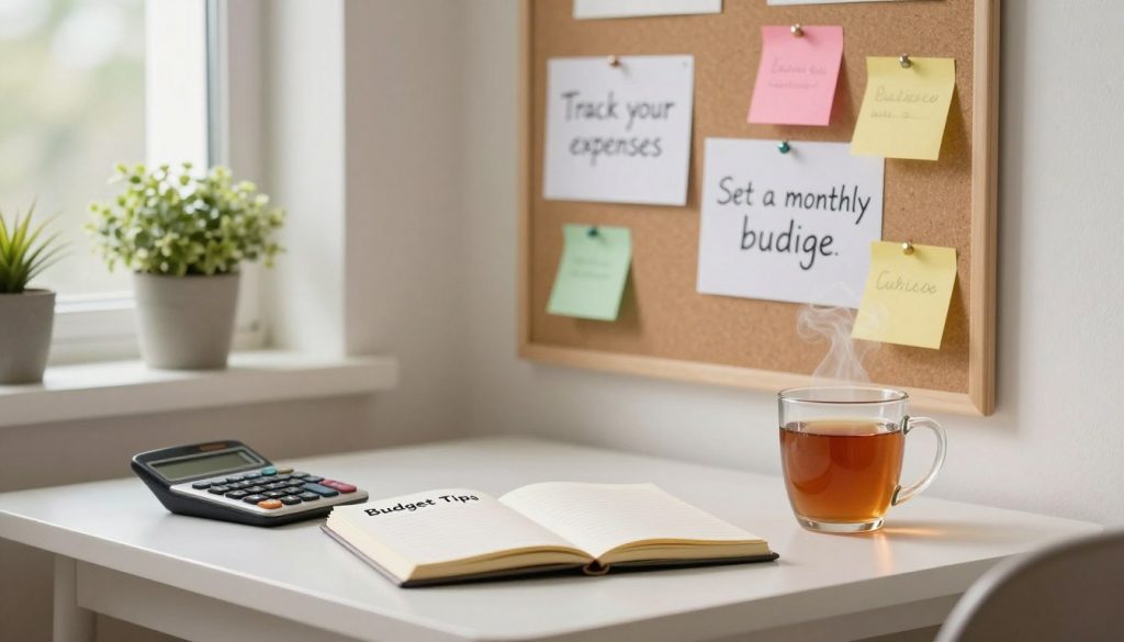 A cozy and well-organized home office scene, showcasing effective tips to eliminate "gastos hormiga". In the foreground, a small desk neatly arranged with a notebook open to a page titled "Budget Tips", a calculator, and a steaming mug of tea. In the middle, a wall-mounted bulletin board with pinned reminders like “Track your expenses” and “Set a monthly budget”, adorned with colorful sticky notes. In the background, a window letting in soft, natural light, with green plants on the sill creating a refreshing atmosphere. The mood is calm and productive, emphasizing organization and financial mindfulness, captured with a warm color palette. The image should focus on a clean layout with no text or distractions, invoking inspiration for better budgeting practices.