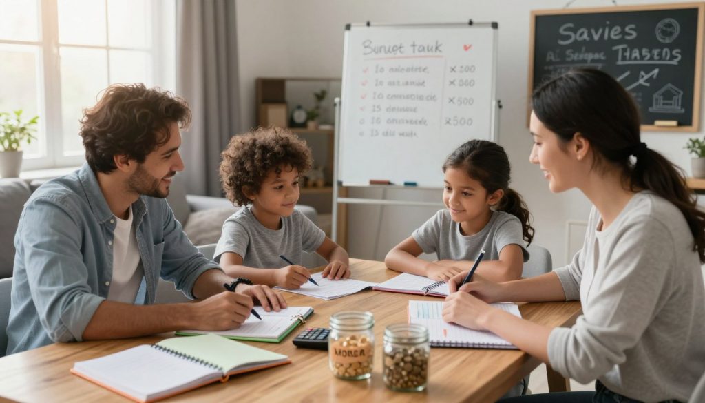 A cozy family living room scene with a diverse family of four (parents and two children) actively engaged in budgeting and saving strategies. In the foreground, a wooden table is filled with colorful budget planners, calculators, and jars labeled for saving. The parents are dressed in modest casual clothing, discussing finances with smiles. The middle ground shows a whiteboard with handwritten notes about budgeting and savings advice, alongside a chalkboard displaying an inspiring savings goal. In the background, a window lets in warm sunlight, creating a cheerful and positive atmosphere. Soft greys and earth tones dominate the color palette, enhancing the inviting, collaborative mood of family teamwork focused on achieving financial goals. The angle is slightly elevated to capture the interaction and organization of the space clearly.