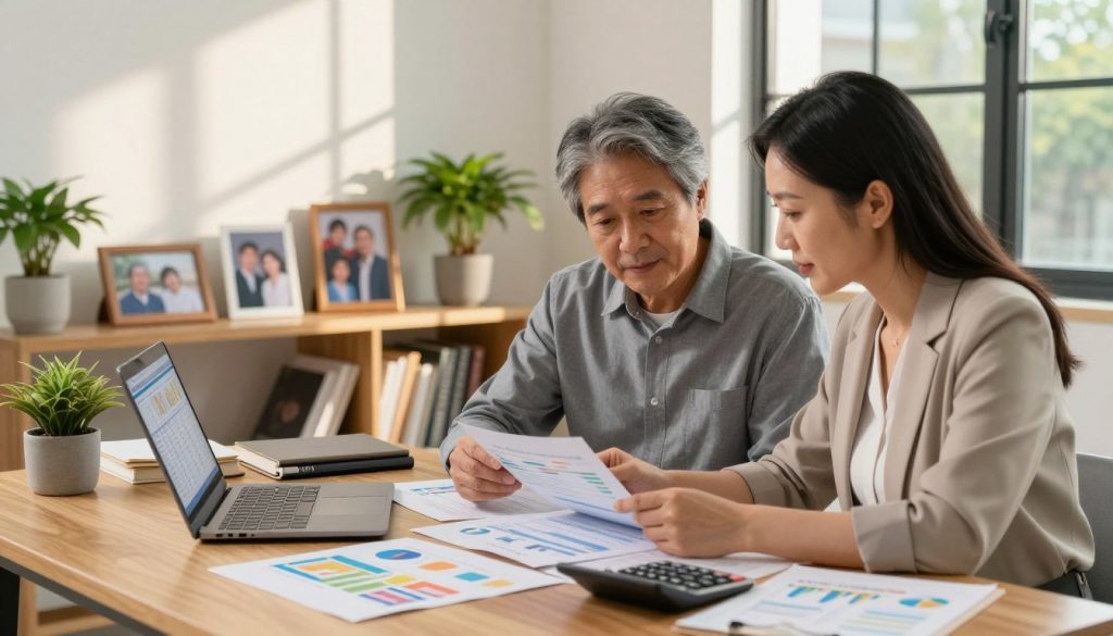 A cozy home office scene featuring a middle-aged couple analyzing their family budget. In the foreground, a wooden desk is cluttered with colorful charts, a laptop open with a spreadsheet visible, and a calculator. The couple is dressed in professional business attire, focused on their financial planning. In the middle ground, a shelf holds family photographs and financial books, while a potted plant adds a touch of greenery. The background features a large window with natural sunlight streaming in, creating a warm and inviting atmosphere. Soft shadows play across the wall, suggesting a late afternoon setting. The overall mood is one of organization, collaboration, and determination in managing family expenses.