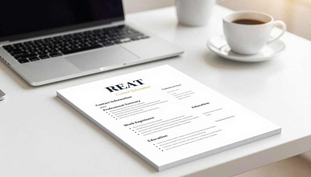 A detailed illustration of an optimal curriculum structure laid out on a clean, modern desk. In the foreground, a neatly organized resume template, showcasing essential sections like "Contact Information," "Professional Summary," "Work Experience," and "Education." The document features elegant fonts and a sophisticated layout with bullet points. In the middle, a stylish laptop and a cup of coffee complement the scene, hinting at a professional work environment. The background is softly blurred to emphasize the foreground elements, with warm, natural lighting creating an inviting atmosphere. The mood is focused and determined, ideal for someone preparing to create an impressive CV. No text or additional elements are present to ensure clarity and simplicity. A detailed illustration of an optimal curriculum structure laid out on a clean, modern desk. In the foreground, a neatly organized resume template, showcasing essential sections like "Contact Information," "Professional Summary," "Work Experience," and "Education." The document features elegant fonts and a sophisticated layout with bullet points. In the middle, a stylish laptop and a cup of coffee complement the scene, hinting at a professional work environment. The background is softly blurred to emphasize the foreground elements, with warm, natural lighting creating an inviting atmosphere. The mood is focused and determined, ideal for someone preparing to create an impressive CV. No text or additional elements are present to ensure clarity and simplicity.
