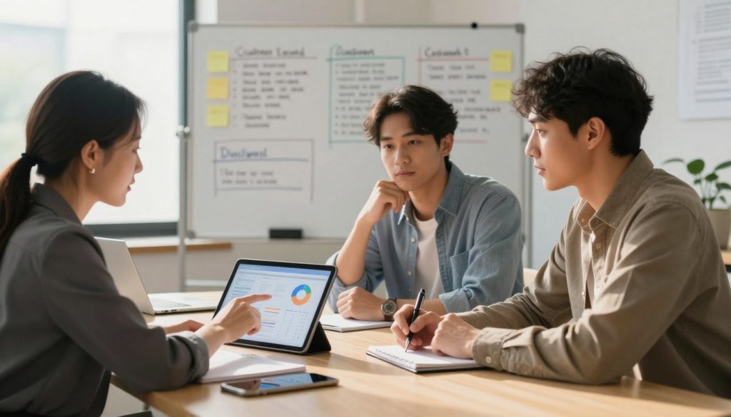 A diverse group of three professionals sitting around a modern conference table, engaged in a discussion about customer feedback. In the foreground, a middle-aged woman in professional attire is pointing to a digital tablet displaying analytics, while a young man in smart casual clothing takes notes. In the middle ground, a thoughtfully designed workspace features a large whiteboard with customer feedback notes and sticky notes. The background shows a window with soft natural light streaming in, casting warm, inviting tones. The overall mood is collaborative and focused, illustrating the importance of listening to customer insights in a business setting. The composition should have a slight depth of field, with an emphasis on the engaged expressions of the participants.