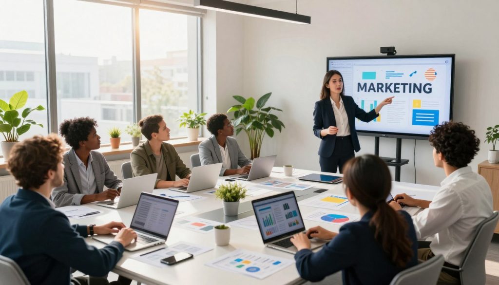 A dynamic digital marketing strategy scene depicting a diverse group of professionals in a modern office environment. In the foreground, a businesswoman in a tailored suit presents a colorful digital marketing plan on a wall-mounted screen. Surrounding her are colleagues of various ethnicities, engaged in discussion, with laptops and digital devices in hand. The middle-ground features a large conference table covered with charts, graphs, and marketing tools, with stylish plants enhancing the space. The background shows large windows allowing natural light to flood the room, casting a warm glow. The atmosphere is energetic and collaborative, symbolizing innovation and teamwork in digital marketing strategies. Use a wide-angle lens for a spacious feel, with a focus on the group to enhance the sense of engagement and purpose. A dynamic digital marketing strategy scene depicting a diverse group of professionals in a modern office environment. In the foreground, a businesswoman in a tailored suit presents a colorful digital marketing plan on a wall-mounted screen. Surrounding her are colleagues of various ethnicities, engaged in discussion, with laptops and digital devices in hand. The middle-ground features a large conference table covered with charts, graphs, and marketing tools, with stylish plants enhancing the space. The background shows large windows allowing natural light to flood the room, casting a warm glow. The atmosphere is energetic and collaborative, symbolizing innovation and teamwork in digital marketing strategies. Use a wide-angle lens for a spacious feel, with a focus on the group to enhance the sense of engagement and purpose.
