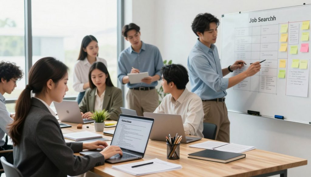 A modern, efficiently organized workspace showcasing a diverse group of professionals engaged in a collaborative job search project. In the foreground, a focused woman in business attire is reviewing resumes on a laptop, while a man in smart casual clothing discusses strategies on a whiteboard filled with job search timelines and goals. In the middle ground, a group of three individuals—two women and one man—brainstorm together with post-it notes and laptops, embodying teamwork and energy. The background features large windows letting in natural light, conveying a sense of hope and clarity. The atmosphere is vibrant and productive, reflecting the theme of fast and efficient job searching, with a warm, inviting color palette emphasizing motivation and professionalism. A modern, efficiently organized workspace showcasing a diverse group of professionals engaged in a collaborative job search project. In the foreground, a focused woman in business attire is reviewing resumes on a laptop, while a man in smart casual clothing discusses strategies on a whiteboard filled with job search timelines and goals. In the middle ground, a group of three individuals—two women and one man—brainstorm together with post-it notes and laptops, embodying teamwork and energy. The background features large windows letting in natural light, conveying a sense of hope and clarity. The atmosphere is vibrant and productive, reflecting the theme of fast and efficient job searching, with a warm, inviting color palette emphasizing motivation and professionalism.
